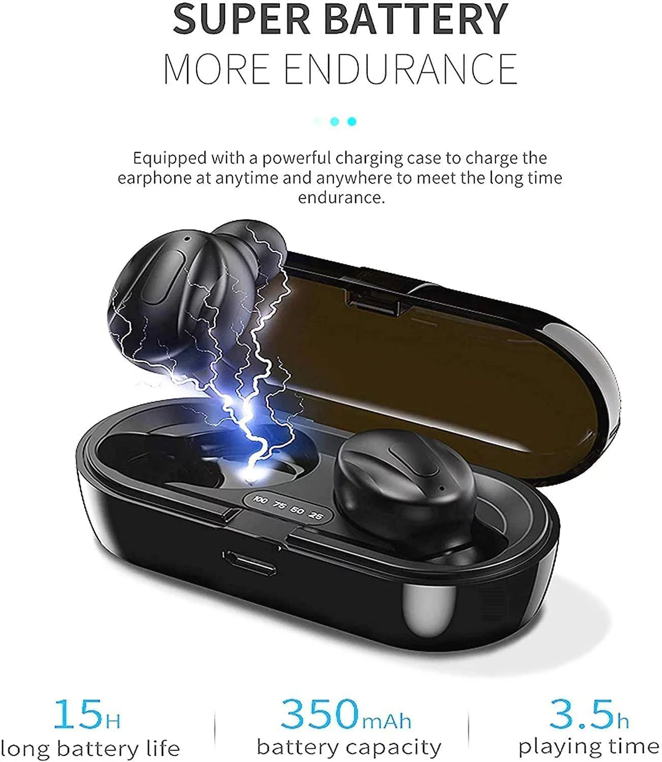 True Wireless Earbuds, TWS Stereo Waterproof Bluetooth in Ear Earphones with Charging Case, Noise Cancellation, Built-In Mic for Sports & Work