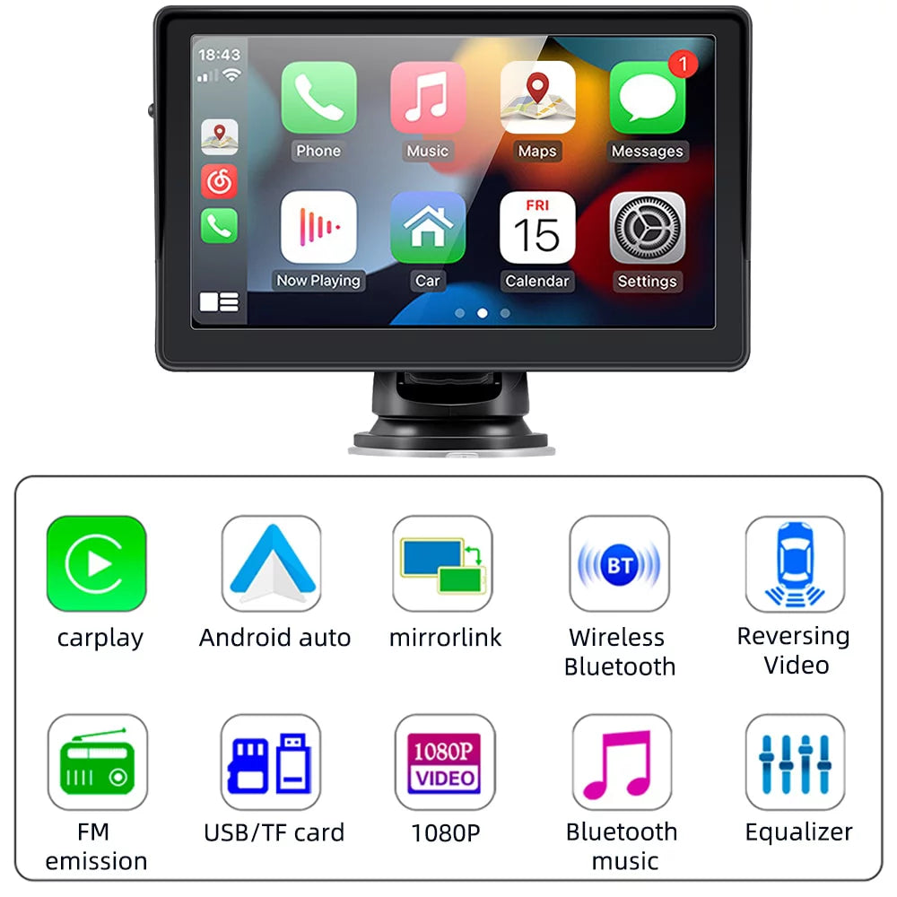 2023 Newest  Portable Car Radio with Apple Carplay and Android Auto, Wireless Car Stereo 7" IPS Touchscreen with Bluetooth Hands-Free/Mirror Link/Siri Assistant, Windshield Mounted