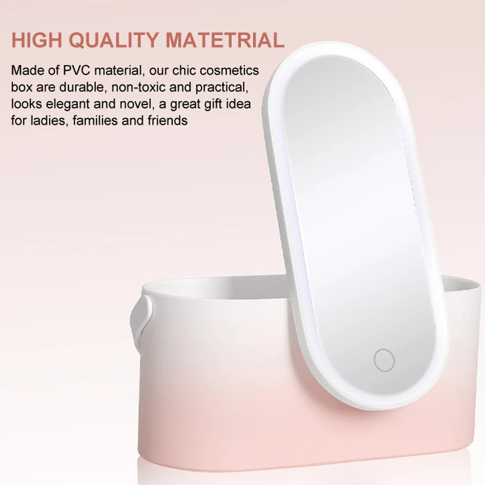 Lighted Makeup Vanity Mirror with Makeup Storage Case Rechargeable LED Light Desktop Makeup Mirror Portable Makeup Beauty Box