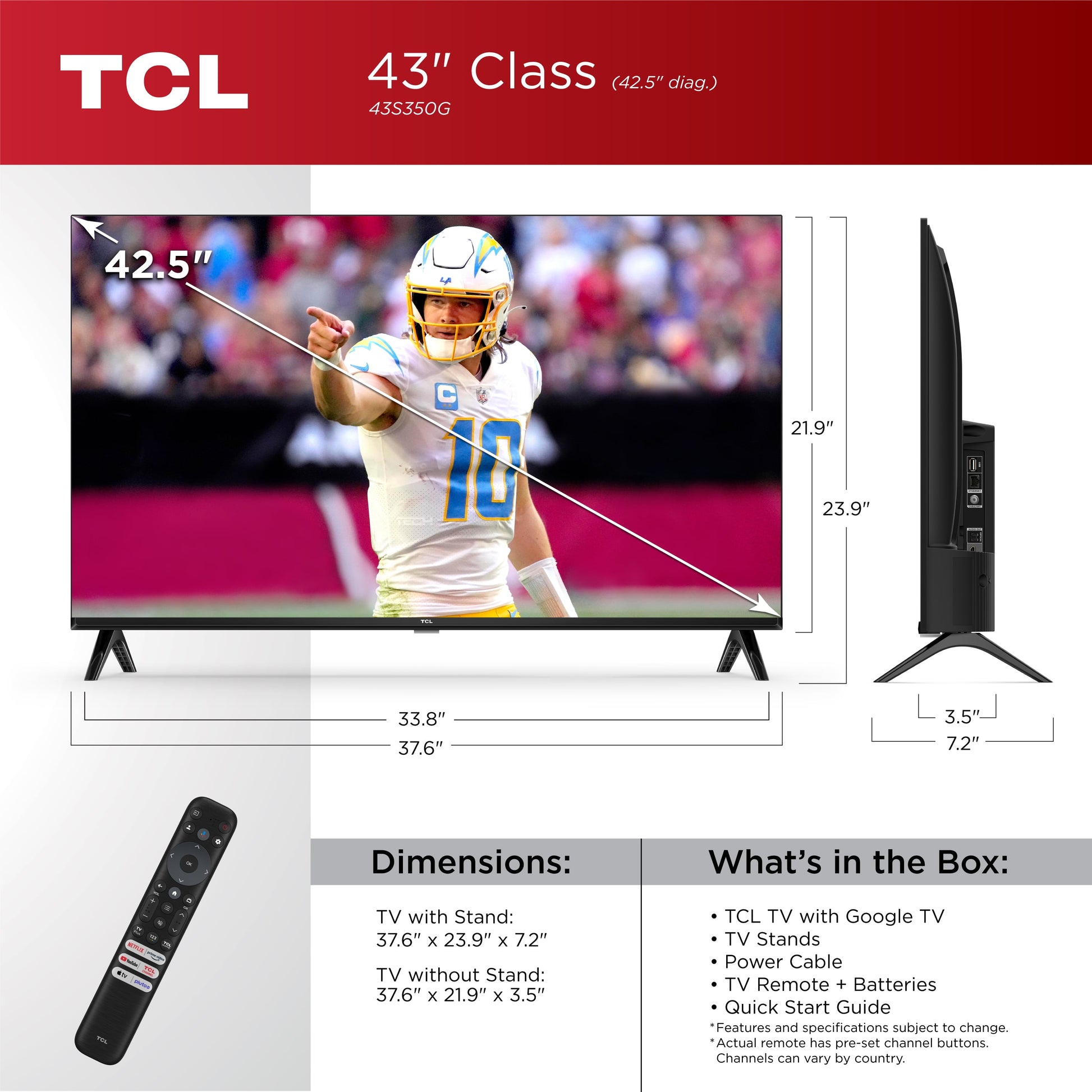 43” Class S Class 1080P FHD HDR LED Smart TV with Google TV, 43S350G