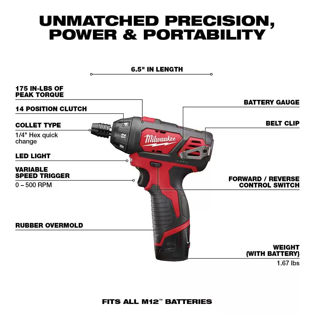 M12 12V Lithium-Ion Cordless 1/4 In. Hex Screwdriver Kit W/ Shockwaveimpact Duty Titanium Drill Bit Set (23-Piece)