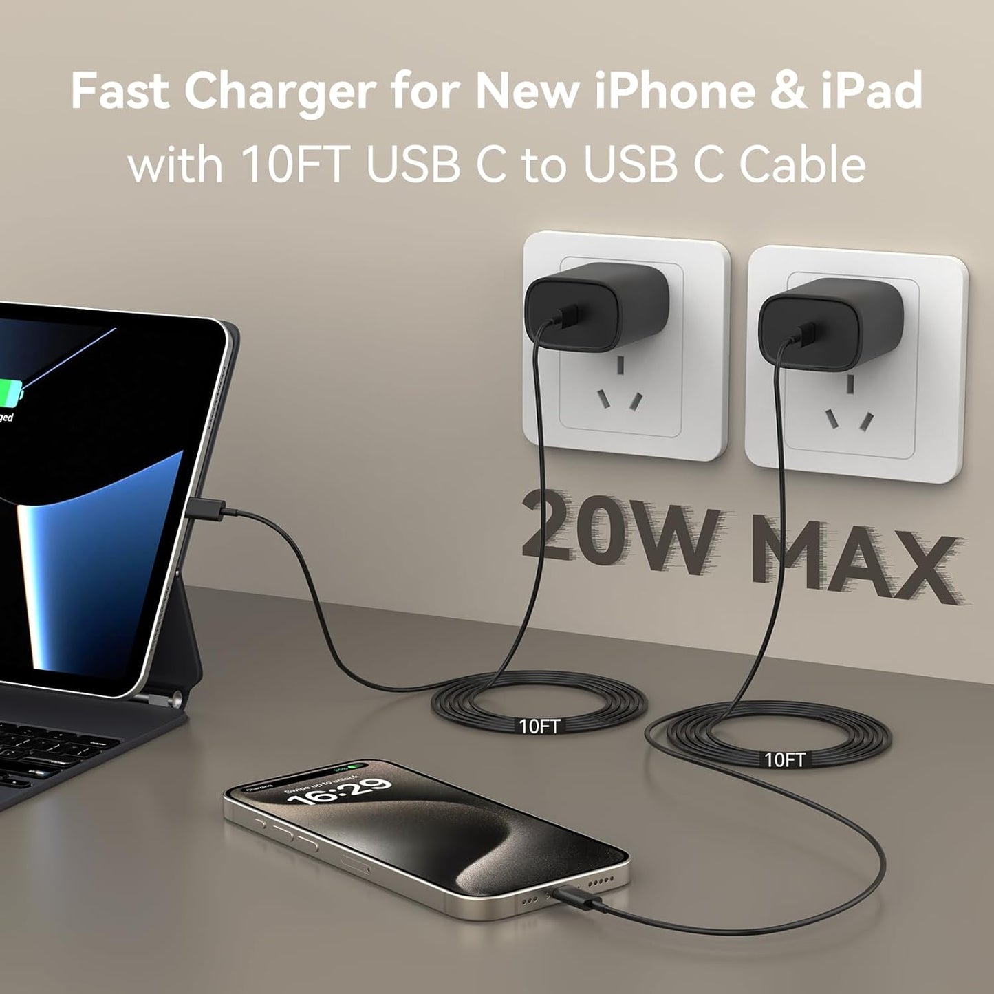 I.Phone 15 Pro Max Charger, 10 FT Long Cord USBC to USB C Fast Charging Cable with PD 20W Fast Charger Block for I.Phone 15/15 Pro Max/ 15 Pro/15 Plus, I Pad Pro 12.9/11 In, I Pad Air 5/4, Black