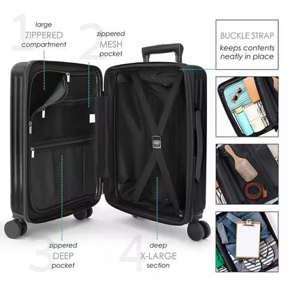 2-Piece Black Hard Carry-On Weekender Luggage Set Expandable Spinner Airline Approved Suitcase Exterior USB Port