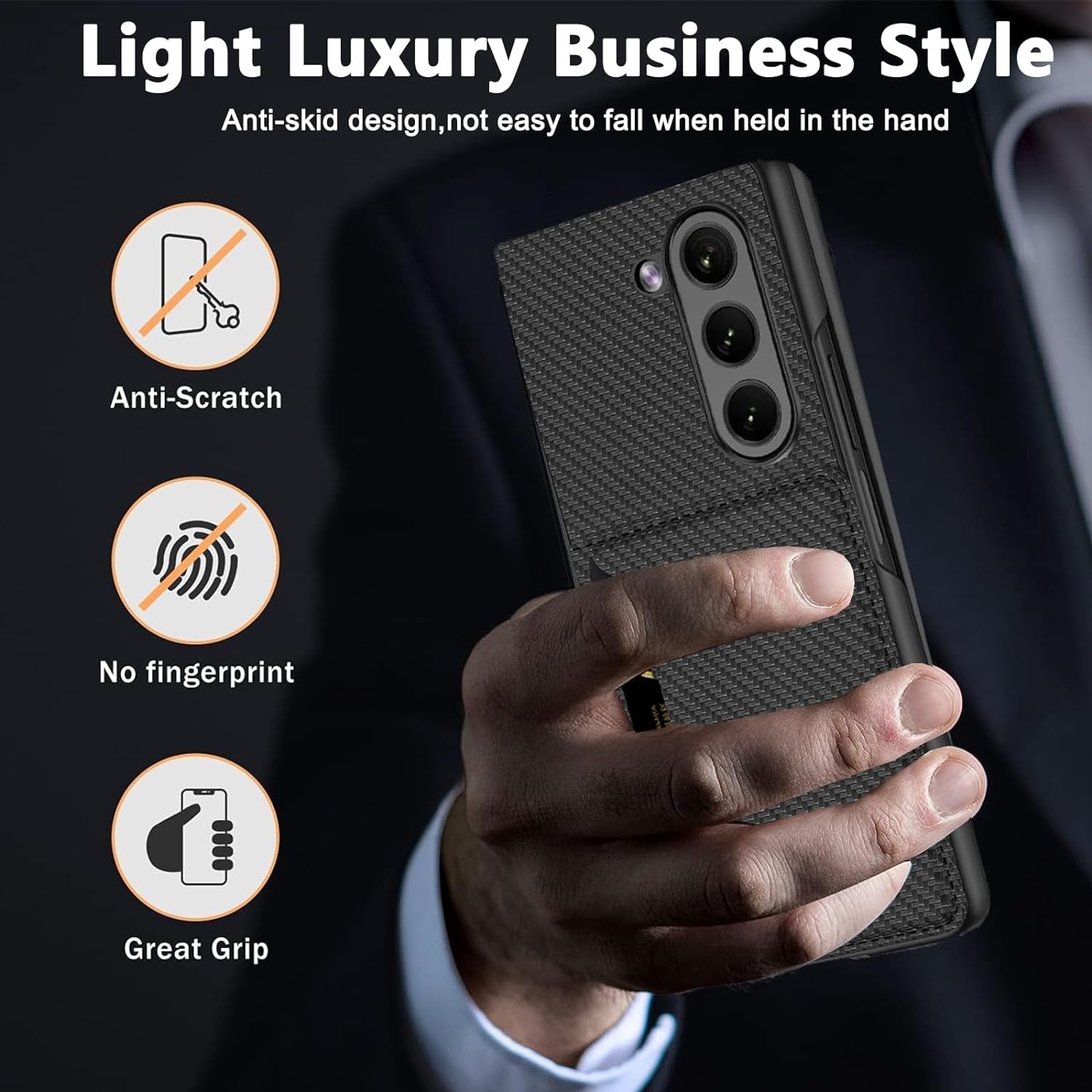 Compatible Samsung Galaxy Z Fold 5 Case Carbon Fiber with Card Slot,Business Shockproof Protection PC PU Leather Storage Cover Wallet Kickstand Case for Samsung Galaxy Z Fold 5 5G Phone Case Men