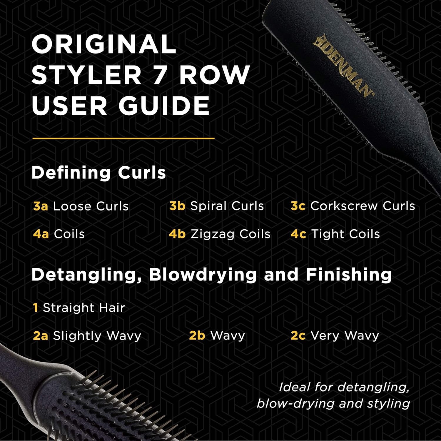 Jack Dean by  Curly Hair Brush D3 (All Black) 7 Row Styling Brush for Detangling, Separating, Shaping and Defining Curls - for Women and Men