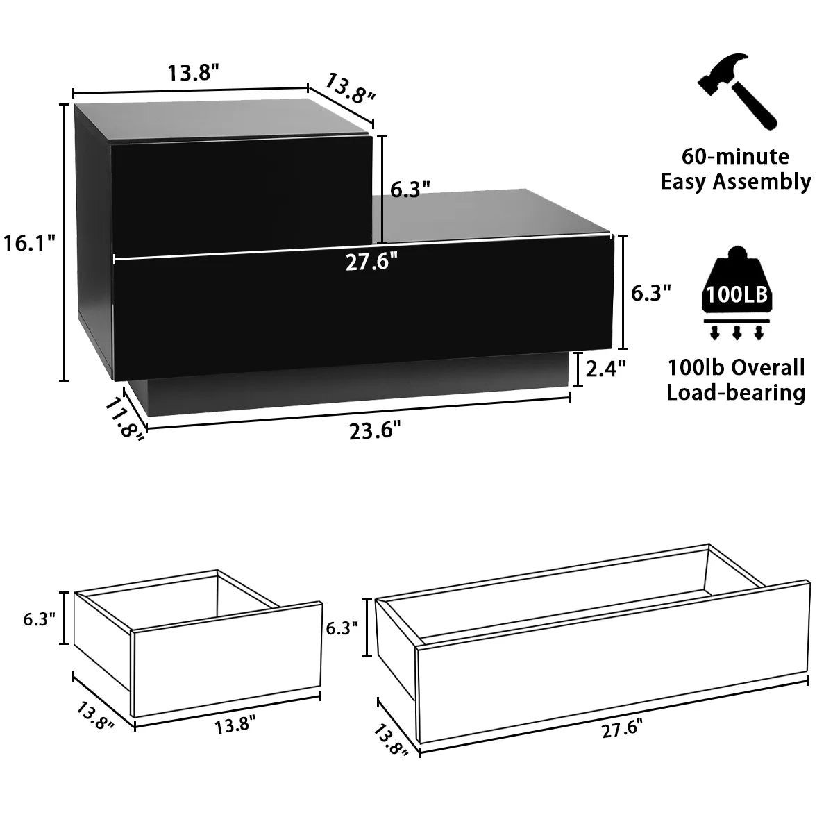 2 Drawers Nightstand W/RGB 20 LED Light Mode, Modern Home Furniture Decor - High Gloss White Black