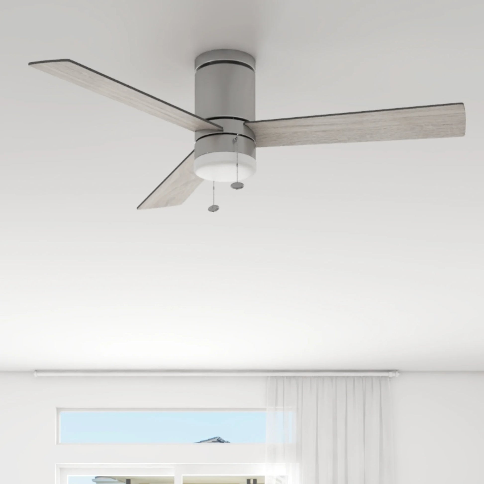 52" Modern Nickel Indoor Flushmount Ceiling Fan with Color Changing Light, Pull Chain Control & Reverse Airflow