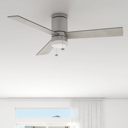 52" Modern Nickel Indoor Flushmount Ceiling Fan with Color Changing Light, Pull Chain Control & Reverse Airflow