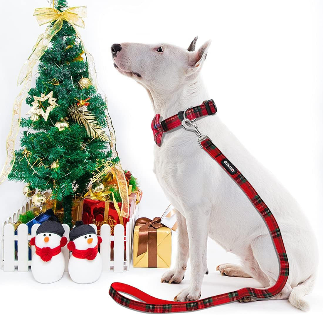 Christmas Buffalo Dog Collar and Leash Set, Classic Plaid Collar with Removable Bowtie and Matching Leash for Large Dogs