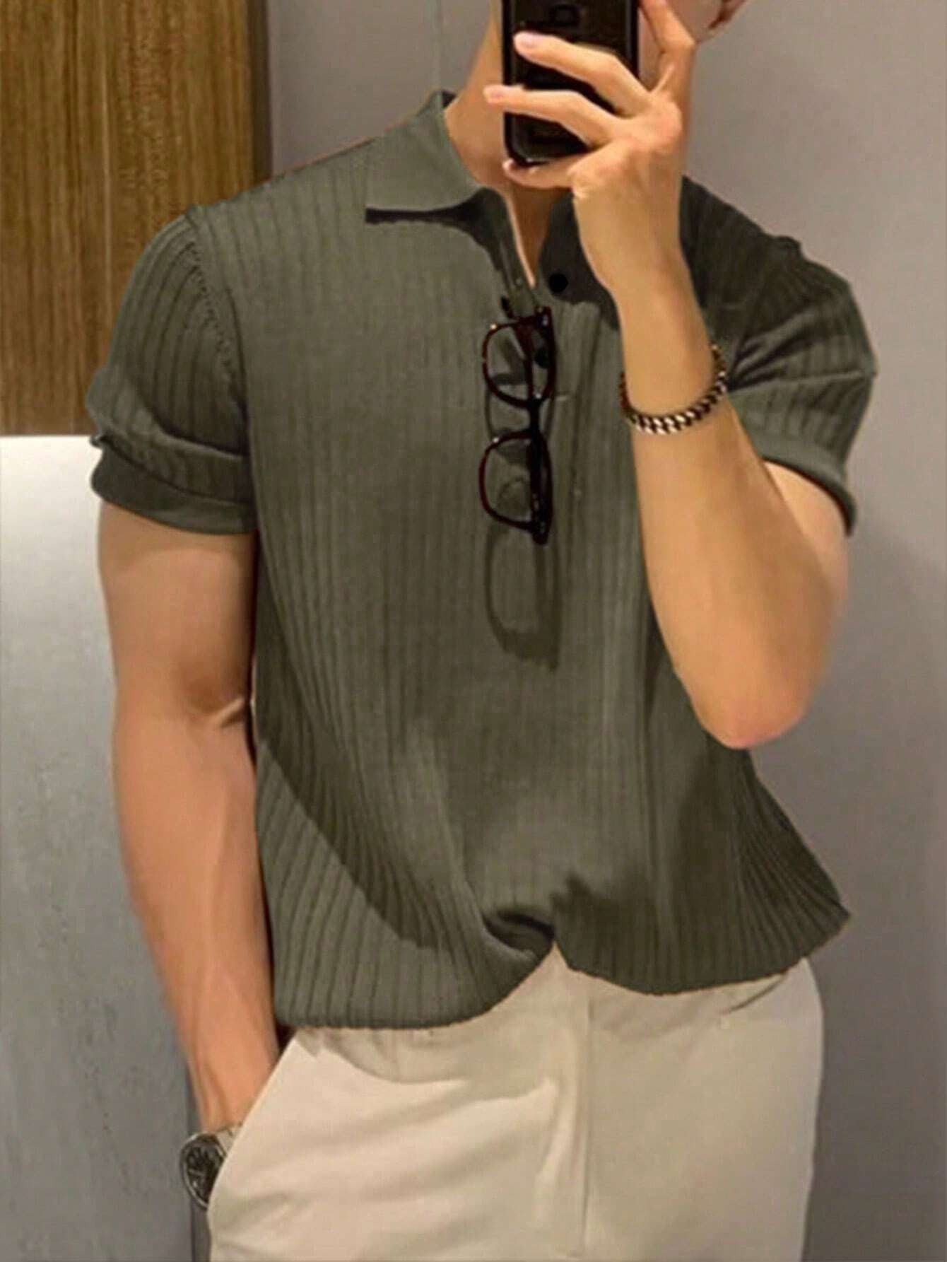 Manfinity Homme Men Ribbed Knit Polo Shirt