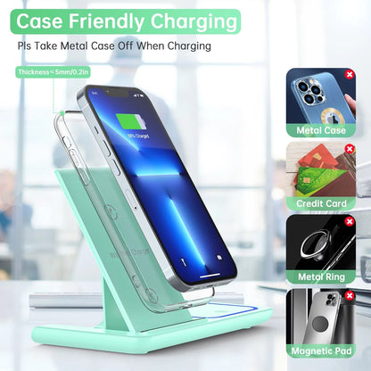 Wireless Charger, 18W 3 in 1 Charging Station for Iphone 16/15/14/13/12/11/Pro/Xs/Xs Max/Xr/X, Fast Wireless Charging Dock for Apple Watch 10/9/8/7/6/SE/5/4/3/2, Airpods 4/3/2/Pro with Adapter(Green)