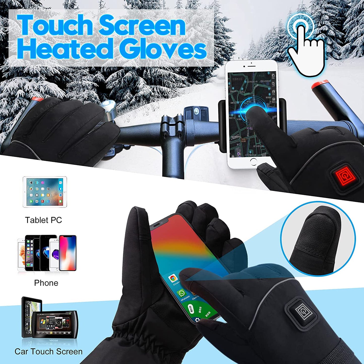 Heated Gloves Electric Rechargeable Battery Heated Gloves Waterproof Touchscreen Heated Gloves for Outdoor Sports Hiking Skiing Running Outdoor Work