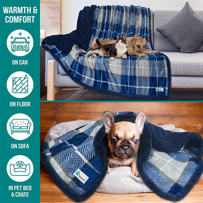 Dog Blanket for Medium Large Dogs, Pet Bed Blanket Cat Puppy Kitten, Fleece Furniture Couch Cover Protector Sofa Car, Soft Sherpa Dog Throw Plush Reversible Washable, 40X60 Plaid Navy Blue