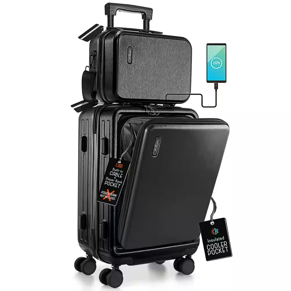 2-Piece Black Hard Carry-On Weekender Luggage Set Expandable Spinner Airline Approved Suitcase Exterior USB Port