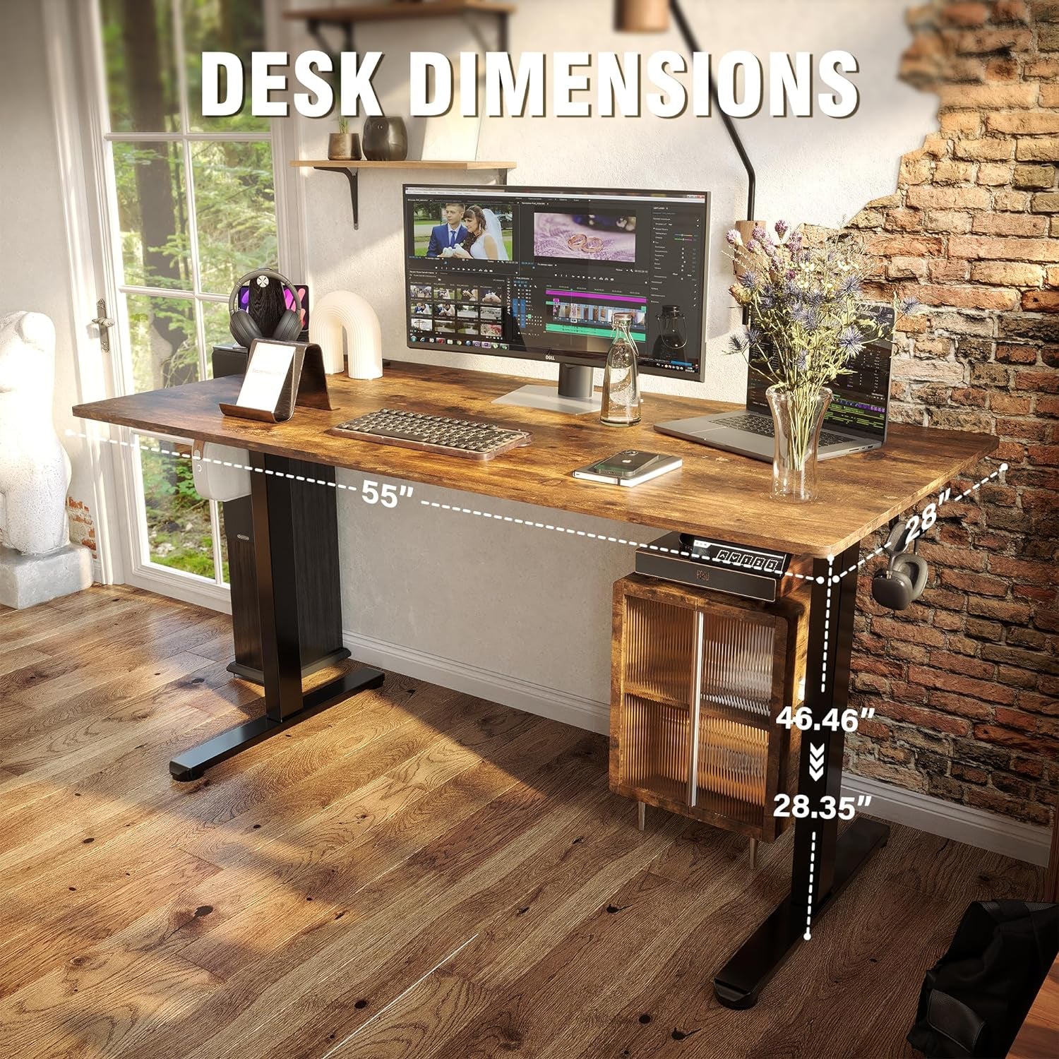 Electric Standing Desk, Height Adjustable Desk 55X 24 Inches, Ergonomic Home Office Sit Stand up Desk with Memory Preset Controller (Black Frame/Rustic Brown Top)