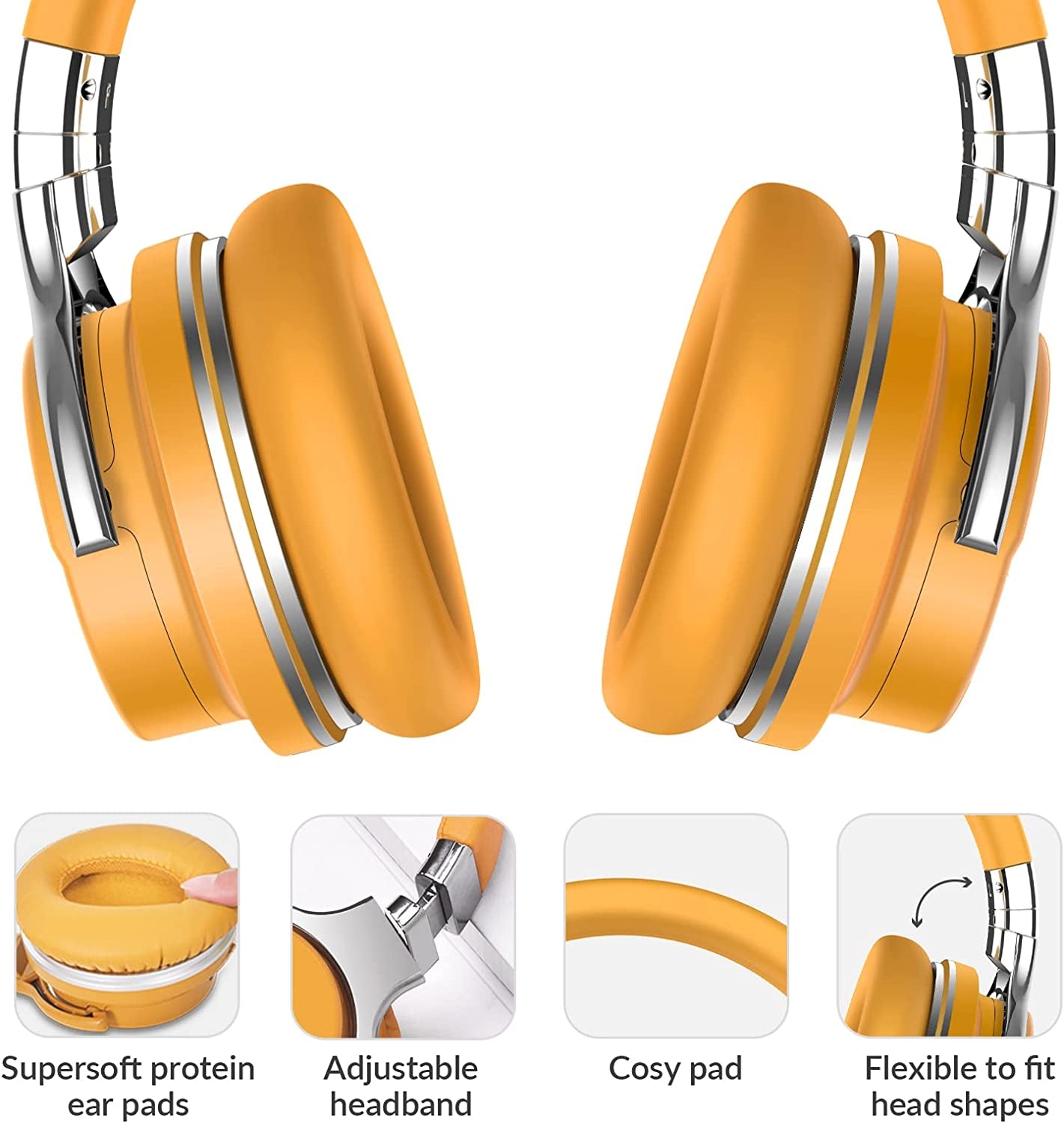 E7 Active Noise Cancelling, Bluetooth Headphones with Microphone Deep Bass Wireless, over Ear, Comfortable Protein Earpads, 30 Hours Playtime for Travel/Work, Yellow