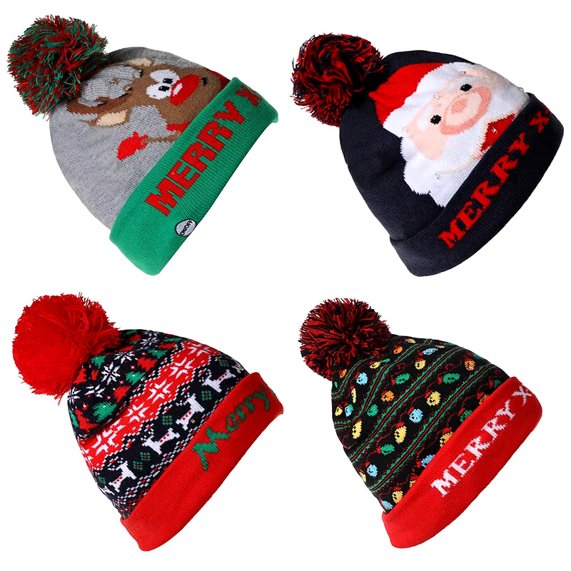 New Style! LED Christmas Hat Beanie Light up Illuminate Warm Hat 48 Patterns New Year Snowman Sweater Hat Christmas Decorations