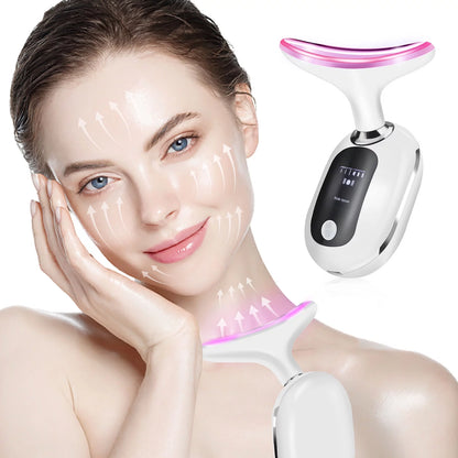 Firming Wrinkle Removal Device for Neck Face, Double Chin Reducer Machine with 45 +5℃ Heat & 3 Color Modes for Skin Care, Face Lift, Improve, Smooth and Tightening Skin, White