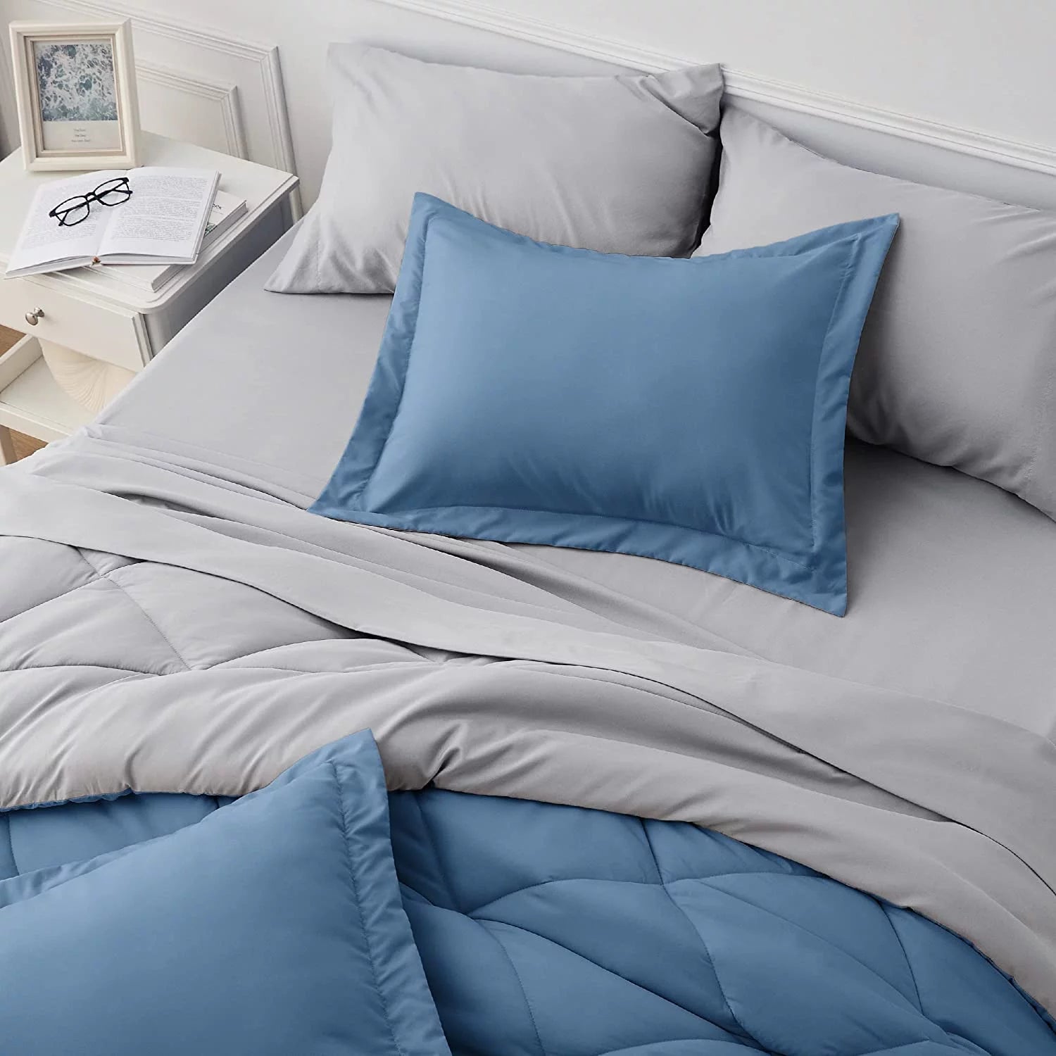 Blue Comforter Set Queen - 7 Pieces Reversible Blue Bed in a Bag with Comforters, Sheets, Pillowcases & Shams, Queen Blue Bed Set