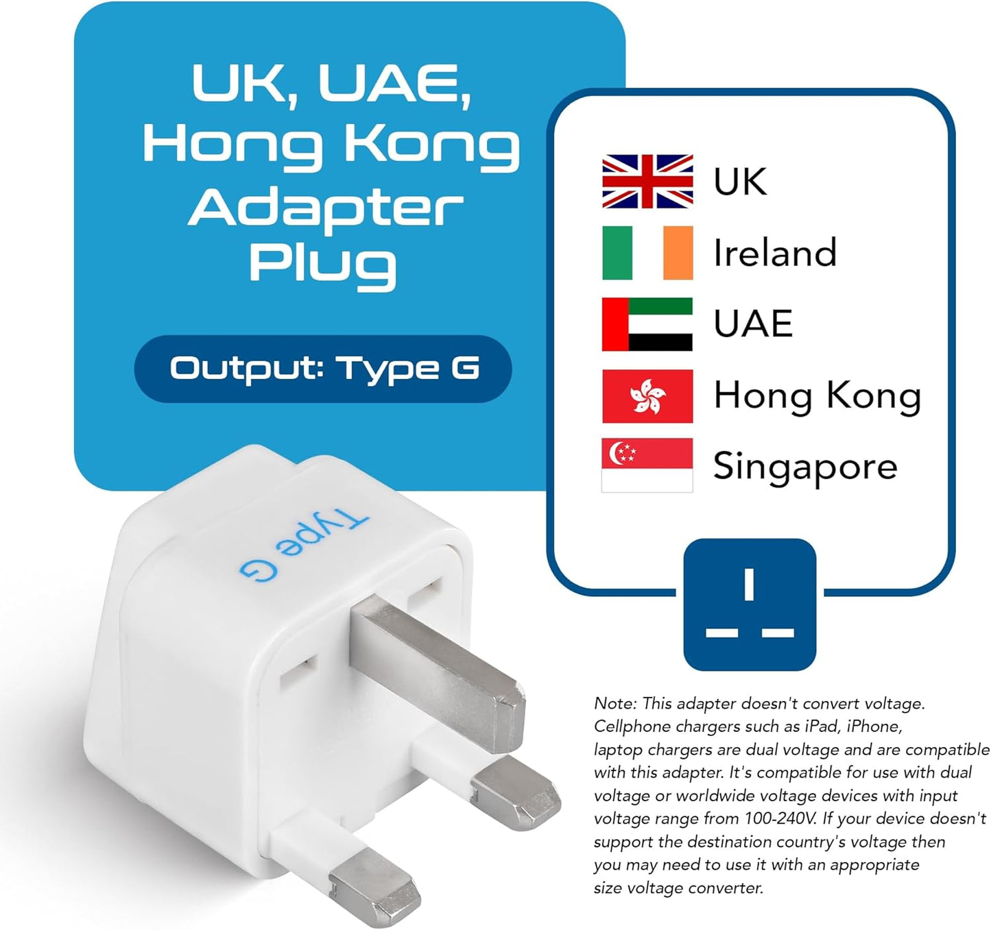 UK, Hong Kong, Ireland, UAE Travel Plug Adapter (Type G) - 3 Pack [Grounded & Universal] (GP-7-3PK), White, Standard