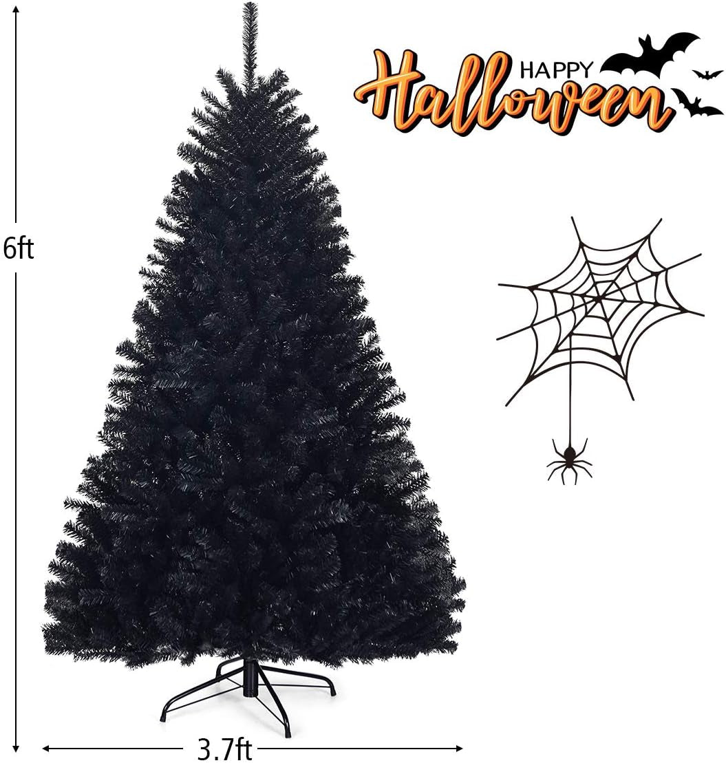 6Ft/7.5Ft Black Artificial Christmas Tree, Unlit Halloween Tree with 1036/1258 Branch Tips and Metal Stand, Easy Assembly, 6FT Holiday Christmas Tree Indoor Outdoor