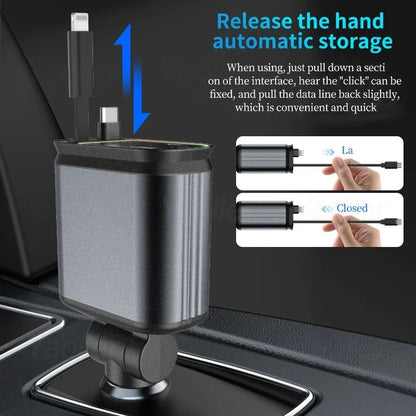 All New,Retractable Car Charger, 4 in 1 Fast Charging Car Charger 120W, with Ambient Light and 2 USB Ports Car Charger Adapter