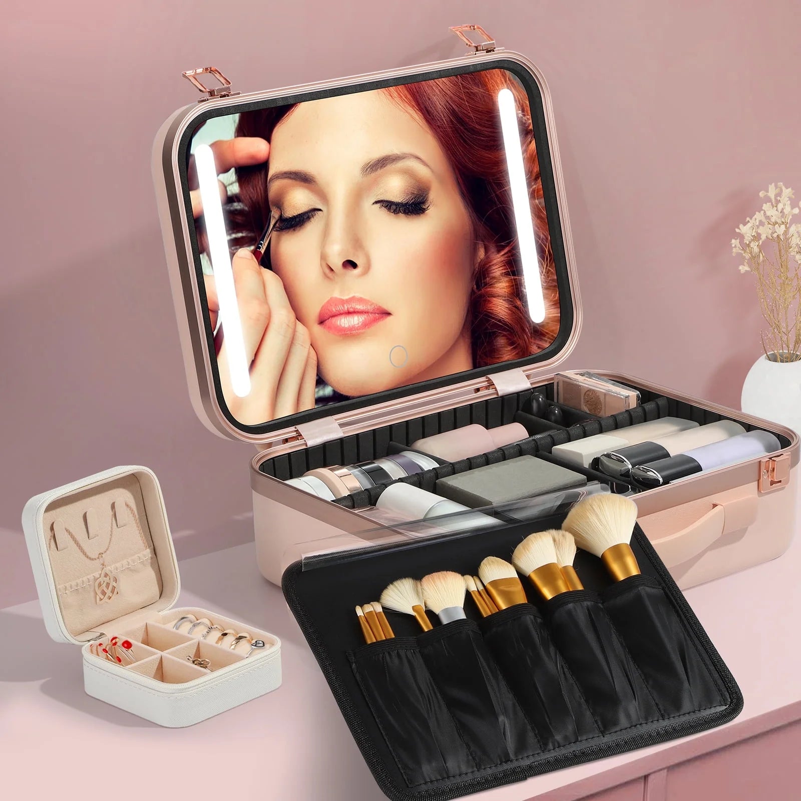 15" Pink Makeup Train Case with Mirror & Light & Jewelry Organizer Cosmetic Case Box with Brushes Board