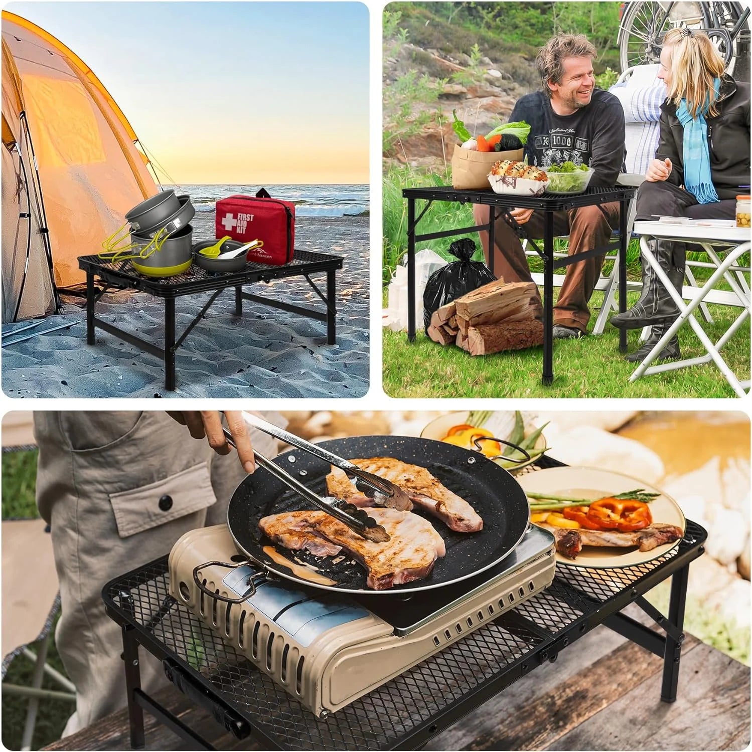 Folding Grill Table Camping Table with Mesh Desktop, Lightweight & Portable Outdoor Picnic Table, Height Adjustable Portable Grill Table for outside inside Use