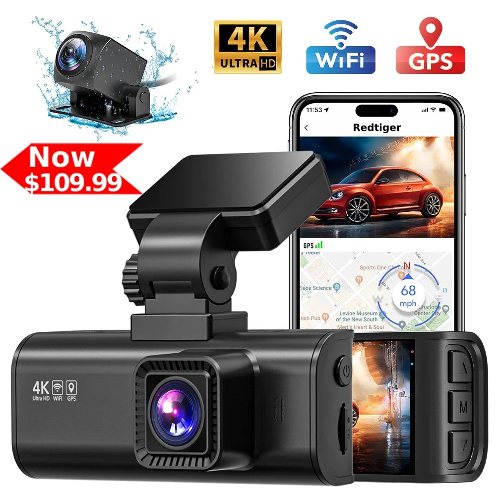 Dash Cam Front and Rear, 4K Dash Cam with Wifi & GPS, 4K/2.5K Front+1080P Rear Car Camera with View Night Vision, LCD Screen Display, Loop Recording,Black