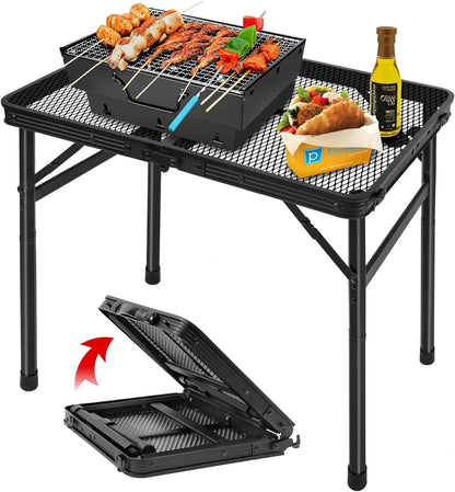 Folding Grill Table Camping Table with Mesh Desktop, Lightweight & Portable Outdoor Picnic Table, Height Adjustable Portable Grill Table for outside inside Use