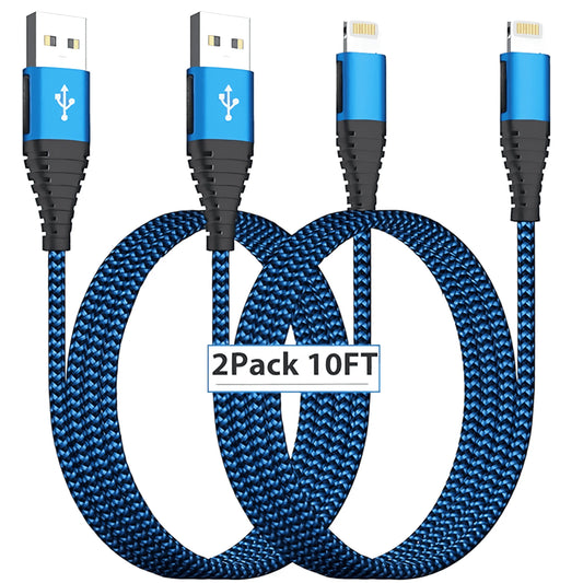 Iphone Charger, [2 Pack 10FT] Lightning Cable Apple Mfi Certified Nylon Braided 3A Fast Iphone Charging Cord for Iphone 14/13/12/11, Blue