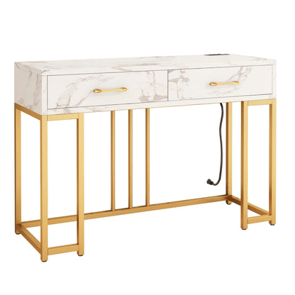 Console Table Modern Entryway with Storage Drawers Outlets USB, Narrow Faux Marble Sofa Coffee Desk, Home Furniture Decor Indoor,Gold & White