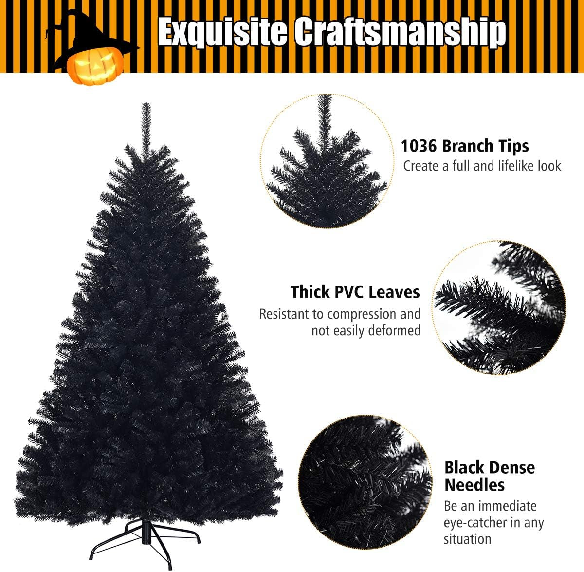 6Ft/7.5Ft Black Artificial Christmas Tree, Unlit Halloween Tree with 1036/1258 Branch Tips and Metal Stand, Easy Assembly, 6FT Holiday Christmas Tree Indoor Outdoor