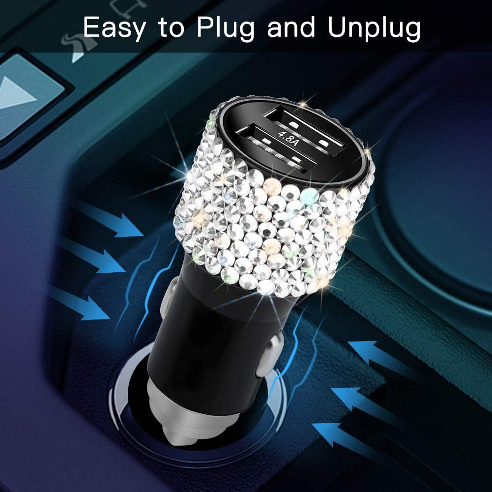 Dual USB Car Charger, 4.8A Output, Bling Crystal Diamond Car Decorations Accessories Fast Charging Adapter for Iphones Android Ios, Samsung Galaxy, LG, Nexus, HTC (Silver)