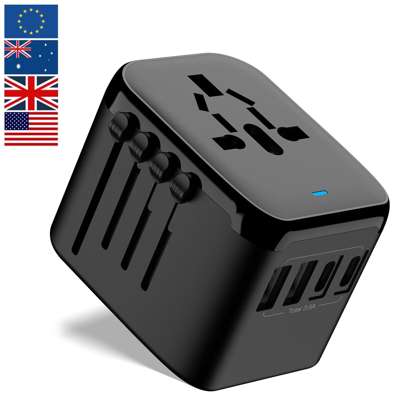 European Travel Plug Adapter,  International Plug Adapter with Type C, All-In-One Universal Power Adapter Plug for USA EU UK AUS, Black