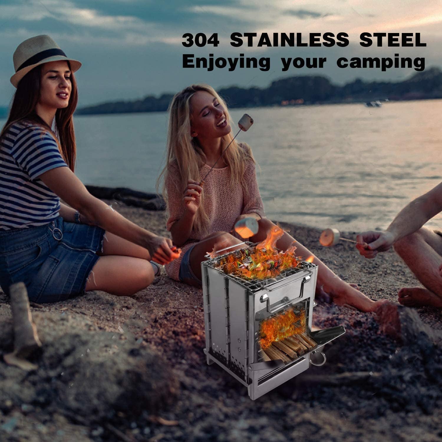 Wood Burning Folding Camp Stove Stainless Steel Grid, Portable Collapsible Backpacking Stove Survival Rocket Stove for Hiking Outdoor Tent Camping Picnic BBQ, Samll