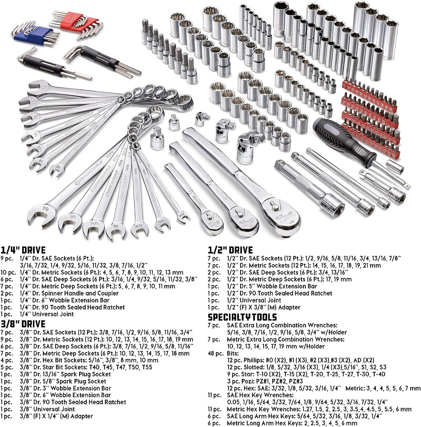 200 Piece 1/4-Inch, 3/8-Inch, and 1/2-Inch Drive Mechanics Tool Set - with SAE and Metric Socket Set,  XT 90 Tooth Seal-Head Ratchets, Including Case - 642472