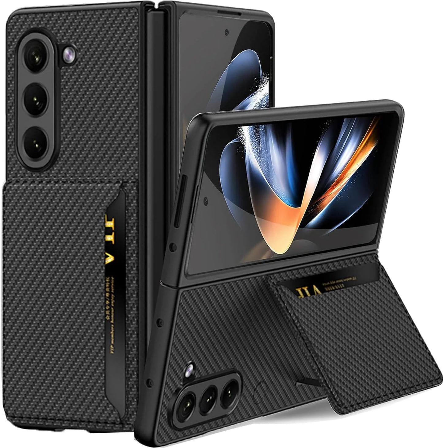 Compatible Samsung Galaxy Z Fold 5 Case Carbon Fiber with Card Slot,Business Shockproof Protection PC PU Leather Storage Cover Wallet Kickstand Case for Samsung Galaxy Z Fold 5 5G Phone Case Men