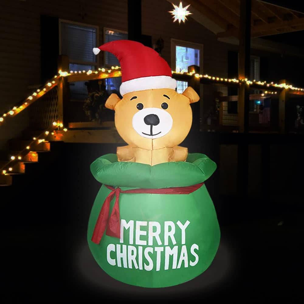 Giant Inflatable Christmas Decorations Xmas Bear Outdoor, 5FT Blow up Decoration Build-In LED Lights Christmas Bear Gift Merry Christmas Ornaments, Christmas Party Prop outside Garden Yard Lawn Decor