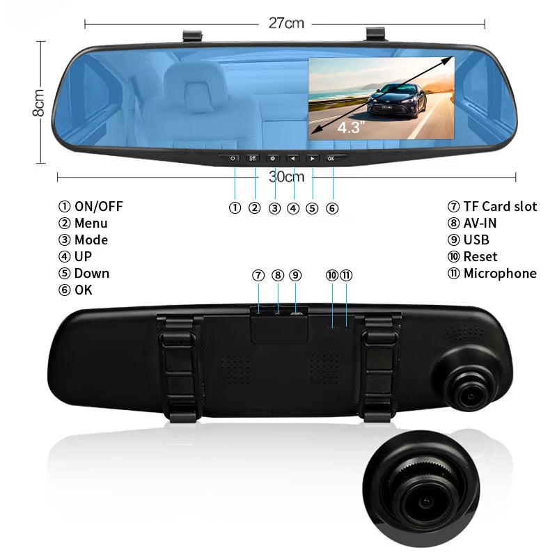 Dash Cam 4.3 Inches Car DVR Rearview Mirror Driving Recorder Dual Lens Front and Rear Camera Video Recorder Black Box