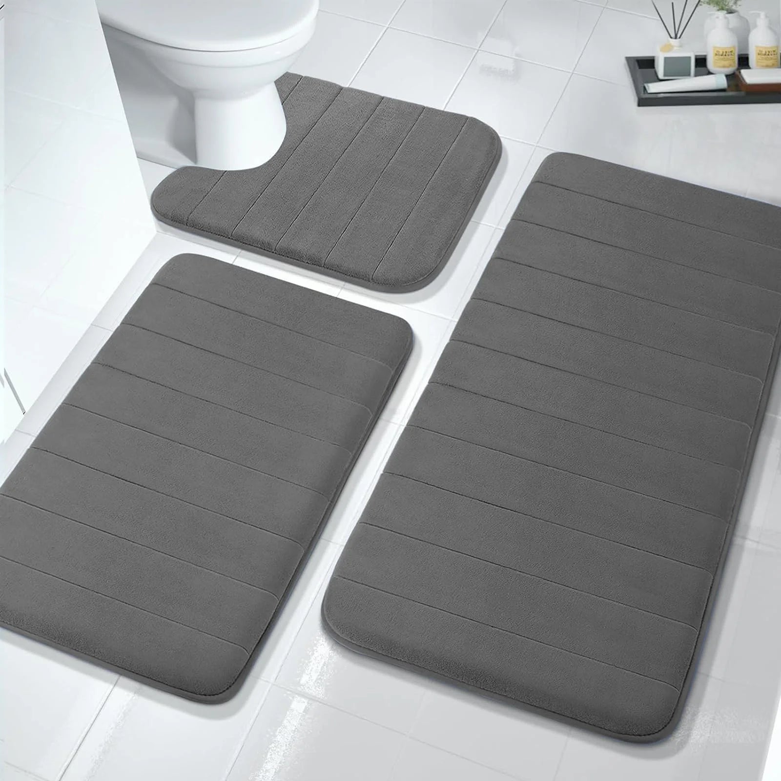 Bathroom Mat Set 3 Pcs Memory Foam Absorbent & Non-Slip Dark Gray 44.1 "X24"+ 31.5 "X19.8"