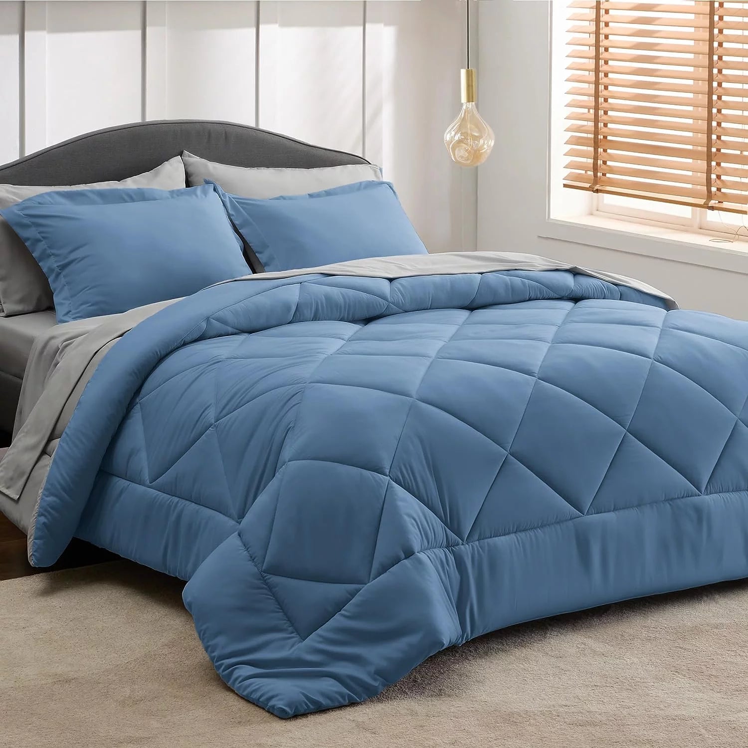 Blue Comforter Set Queen - 7 Pieces Reversible Blue Bed in a Bag with Comforters, Sheets, Pillowcases & Shams, Queen Blue Bed Set