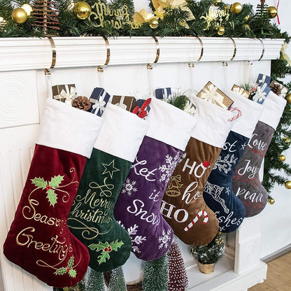 Christmas Stockings 6 Pack for Family 22" Large Embroidered Classic Luxury Velvet Red Green Purple Blue Grey Brown Ornament Decorations for Fireplace Xmas Season (Set of 6)