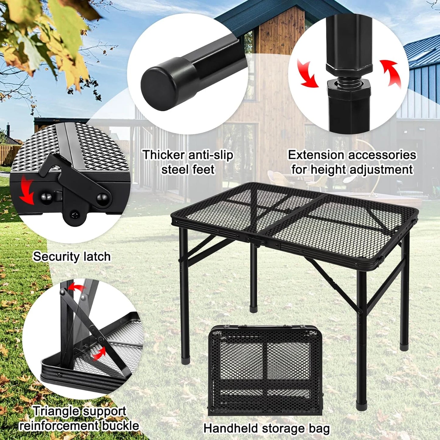 Folding Grill Table Camping Table with Mesh Desktop, Lightweight & Portable Outdoor Picnic Table, Height Adjustable Portable Grill Table for outside inside Use