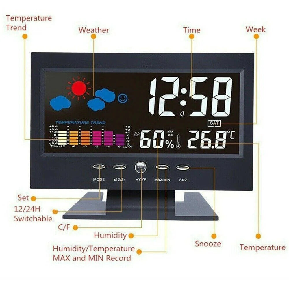 LED Digital Alarm Clock Snooze Calendar Thermometer Hygrometer Weather Display