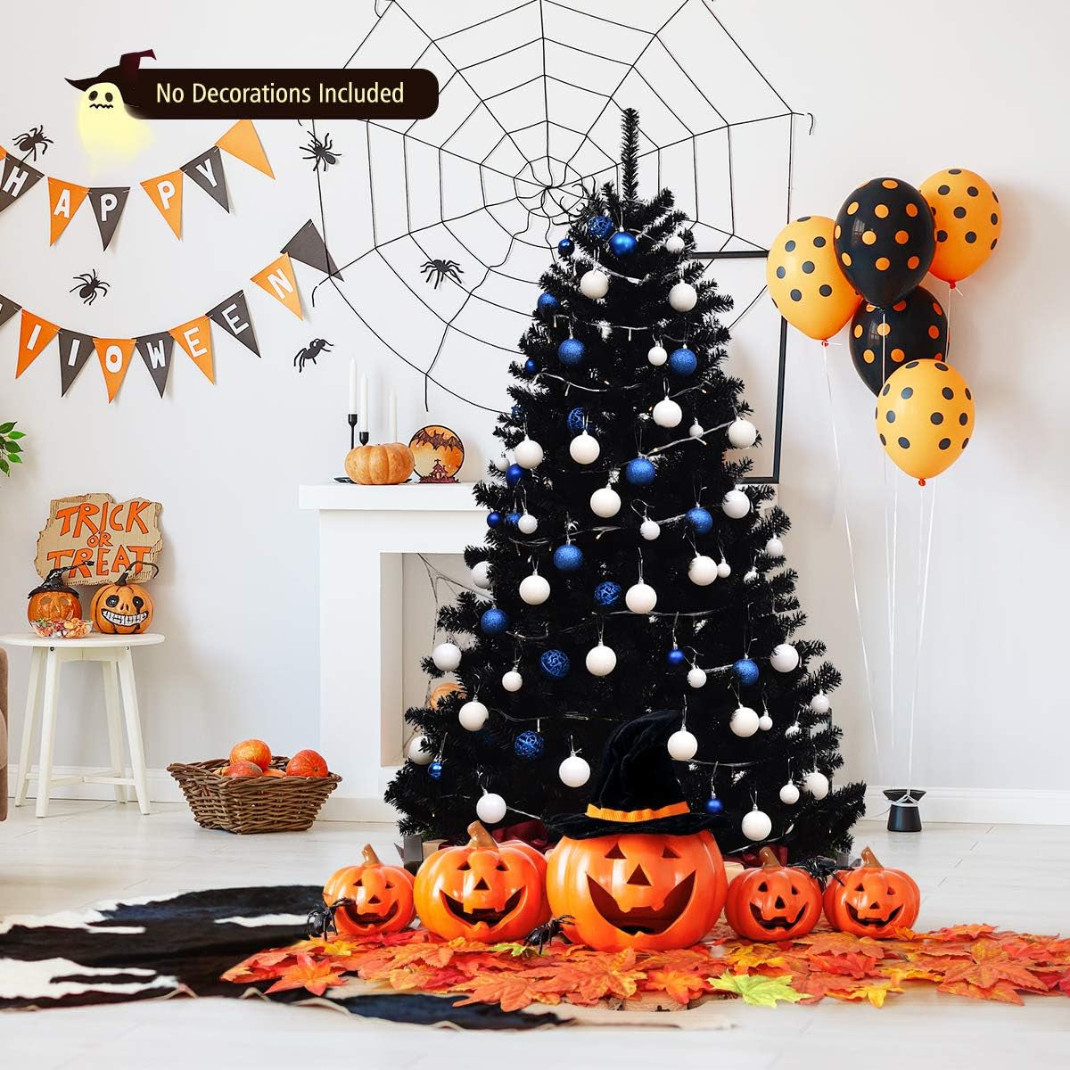 6Ft/7.5Ft Black Artificial Christmas Tree, Unlit Halloween Tree with 1036/1258 Branch Tips and Metal Stand, Easy Assembly, 6FT Holiday Christmas Tree Indoor Outdoor