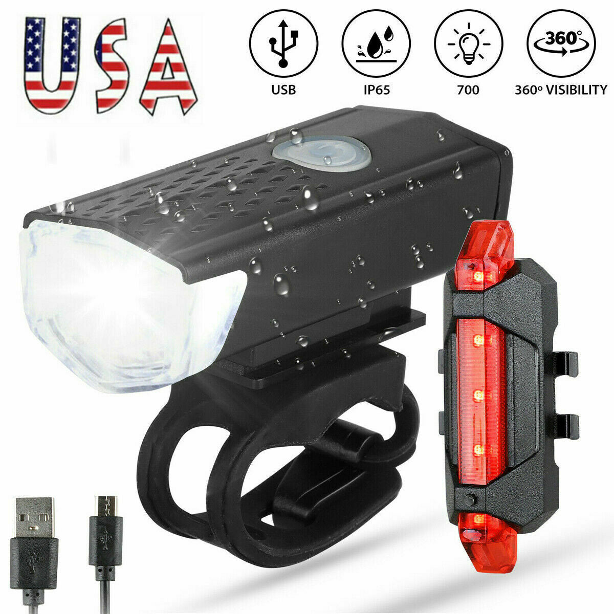 USB Rechargeable LED Bicycle Headlight Bike Head Light Cycling Rear Front Lamp Bike Light Rainproof USB Rechargeable LED Bicycle Light