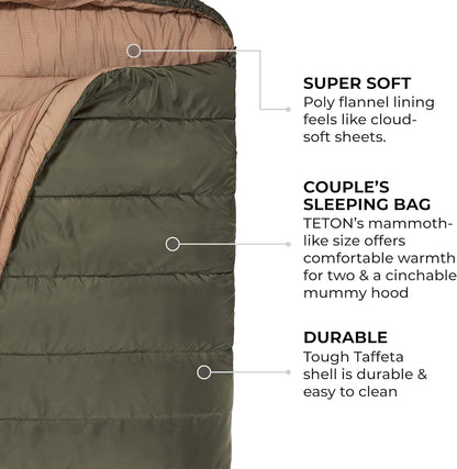 TETON Mammoth, 20 Degree and 0 Degree Sleeping Bags, Double Sleeping Bag, a Warm Bag the Whole Family Can Enjoy. Great Sleeping Bag for Camping, Hunting and Base Camp. Compression Sack Included