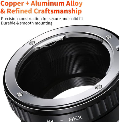 PK K Mount Lens to Sony NEX E-Mount Lens Adapter, Compatible with Sony NEX-3 NEX-3C NEX-3N NEX-5 NEX-5C NEX-5N NEX-5R NEX-5T NEX-6 NEX-7 NEX-F3 NEX-VG10 VG20