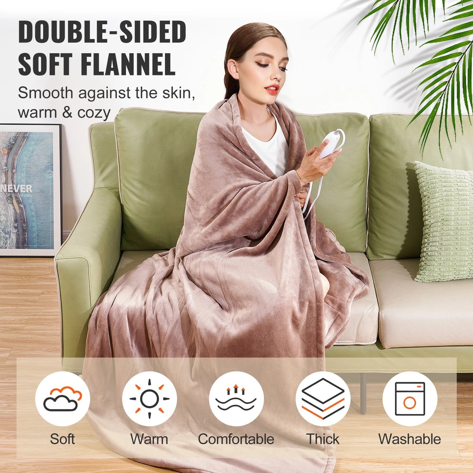 VEVOR Heated Blanket Electric Throw, 100" X 90" King Size, Soft Flannel Heating Blanket with 10 Hours Timer Auto-Off & 5 Heating Levels, Dual Control, Machine Washable, ETL & FCC Certification (Beige)